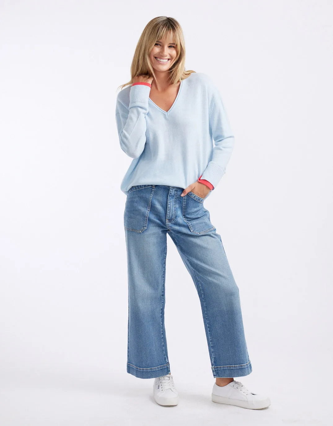 Upstate Wool Cashmere Double Cuff Knit Jumper - Ice Blue/Melon