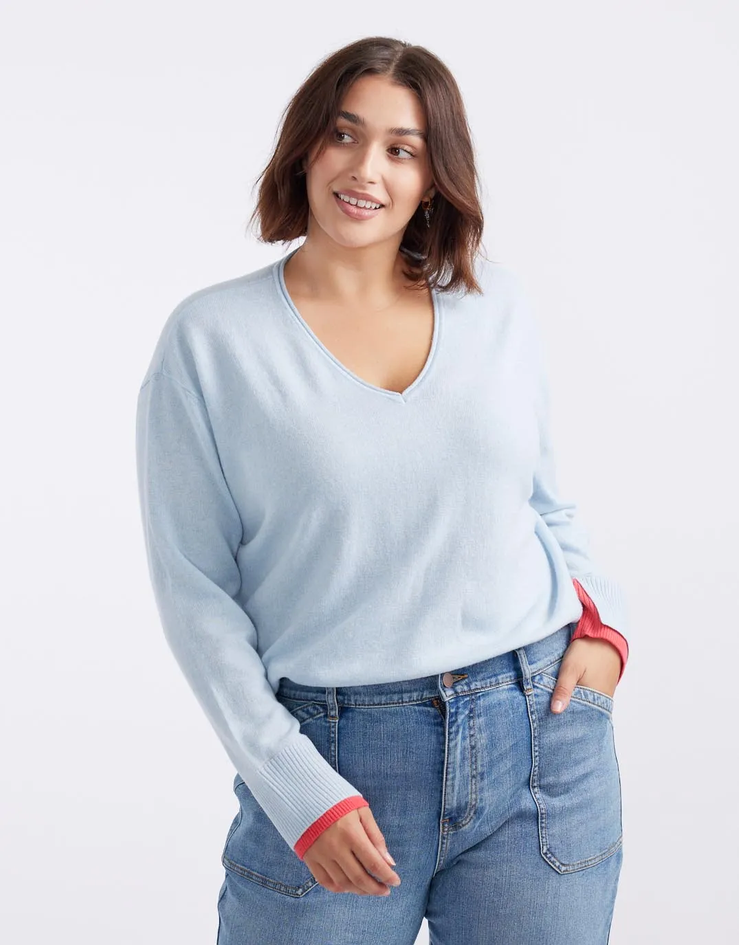 Upstate Wool Cashmere Double Cuff Knit Jumper - Ice Blue/Melon