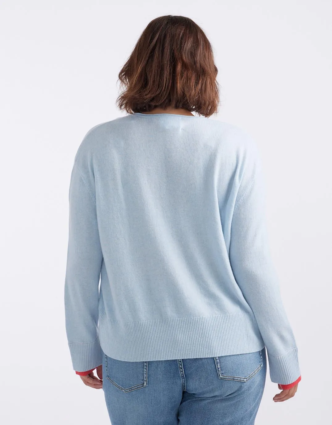 Upstate Wool Cashmere Double Cuff Knit Jumper - Ice Blue/Melon