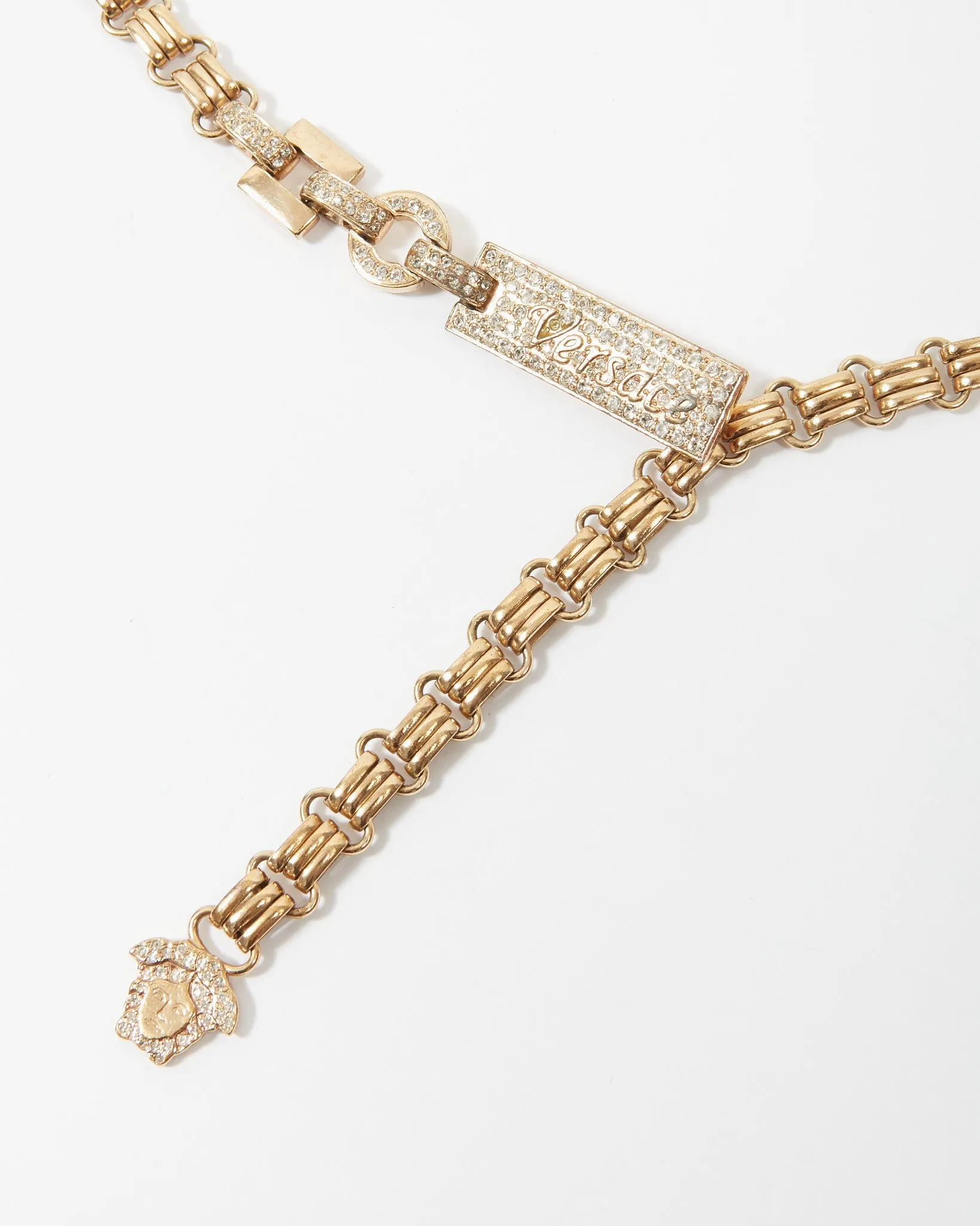 Versace Vintage Gold Crystal Logo Plate Chain Belt - XS
