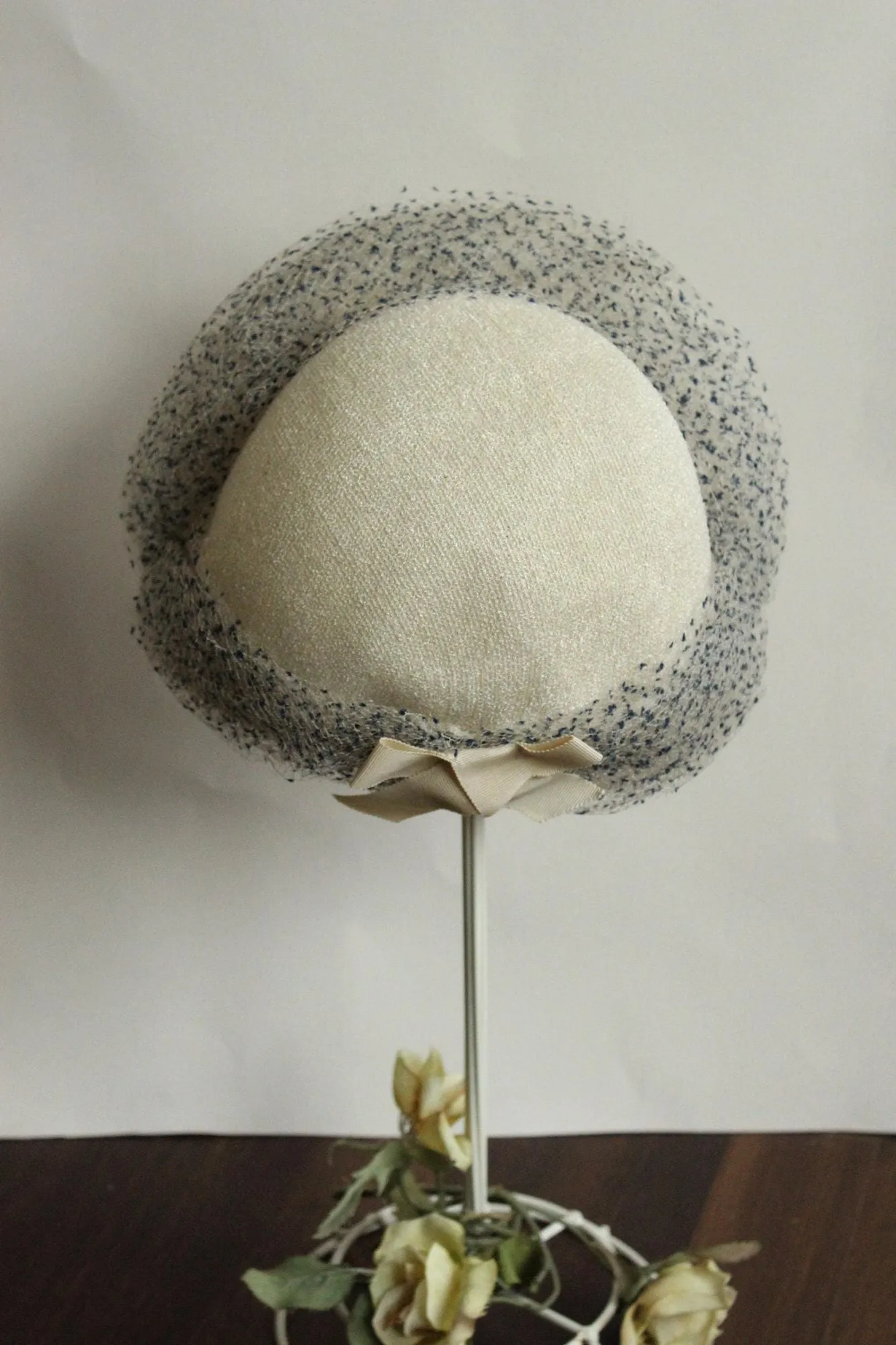 Vintage 1950s Hat,White with Blue Birdcage Veil and Ribbon Bow, Millinery