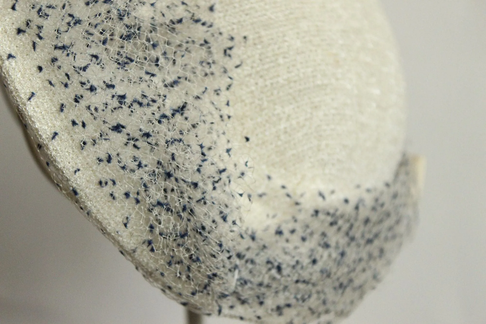 Vintage 1950s Hat,White with Blue Birdcage Veil and Ribbon Bow, Millinery