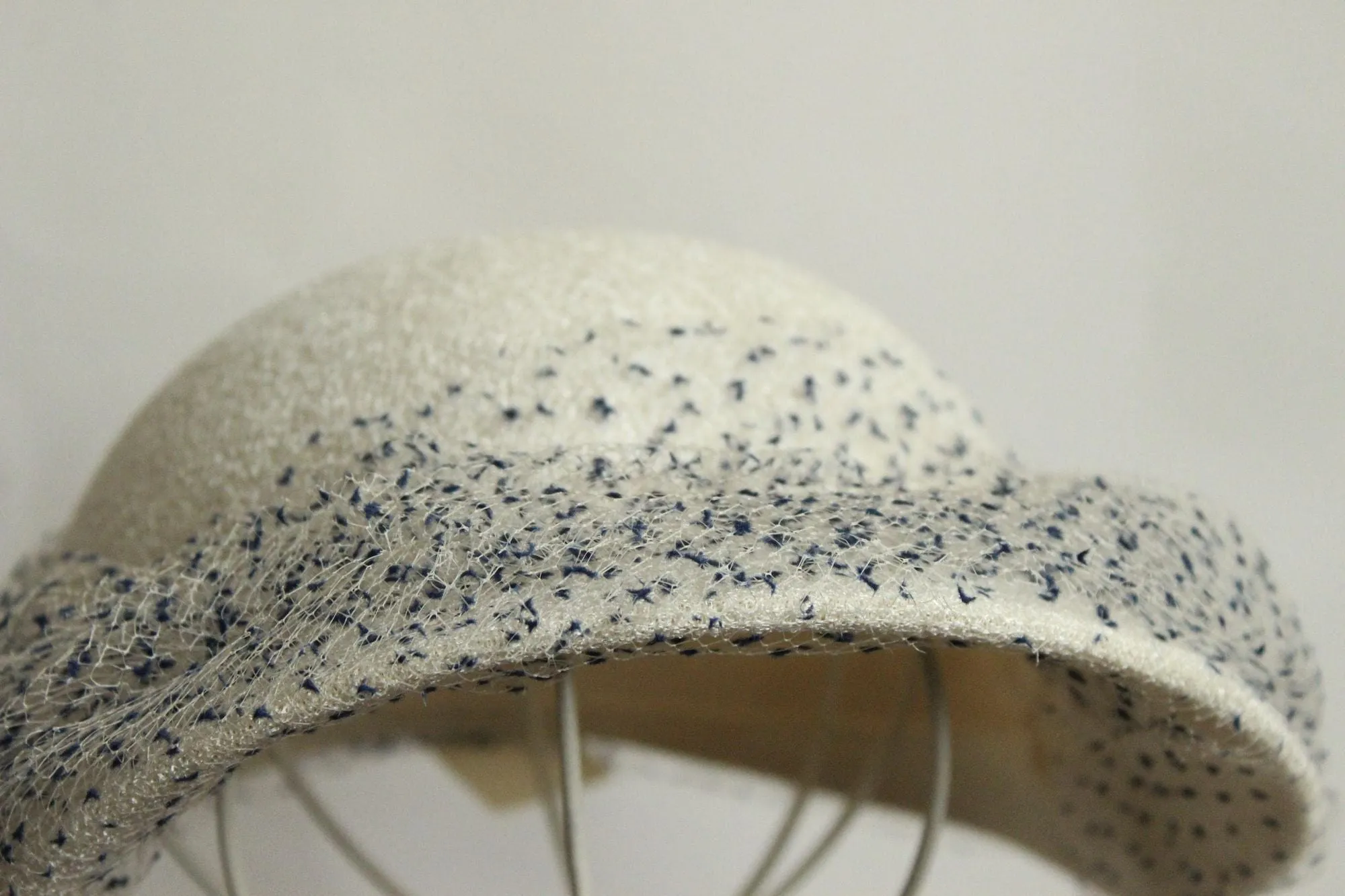 Vintage 1950s Hat,White with Blue Birdcage Veil and Ribbon Bow, Millinery