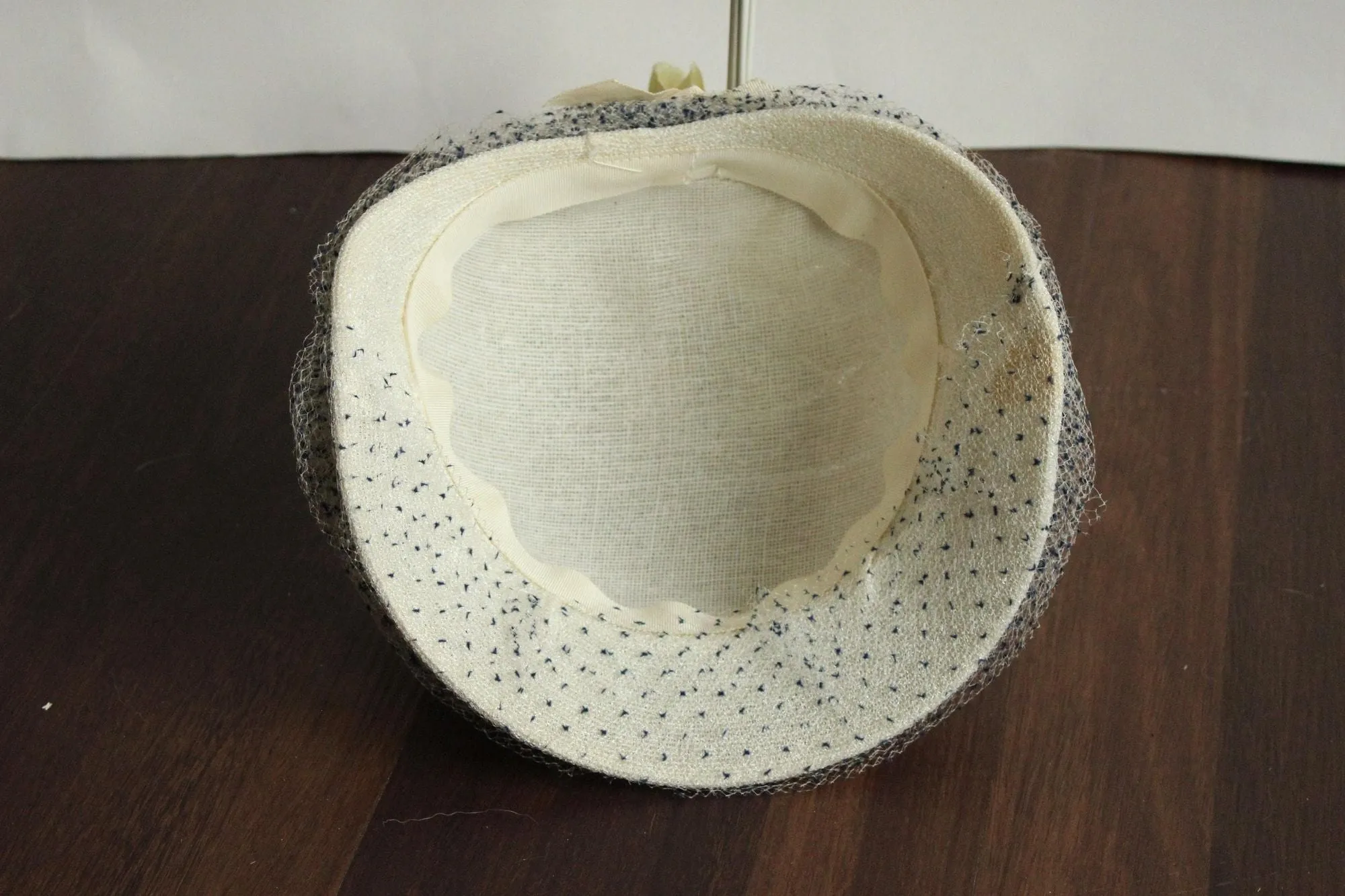 Vintage 1950s Hat,White with Blue Birdcage Veil and Ribbon Bow, Millinery