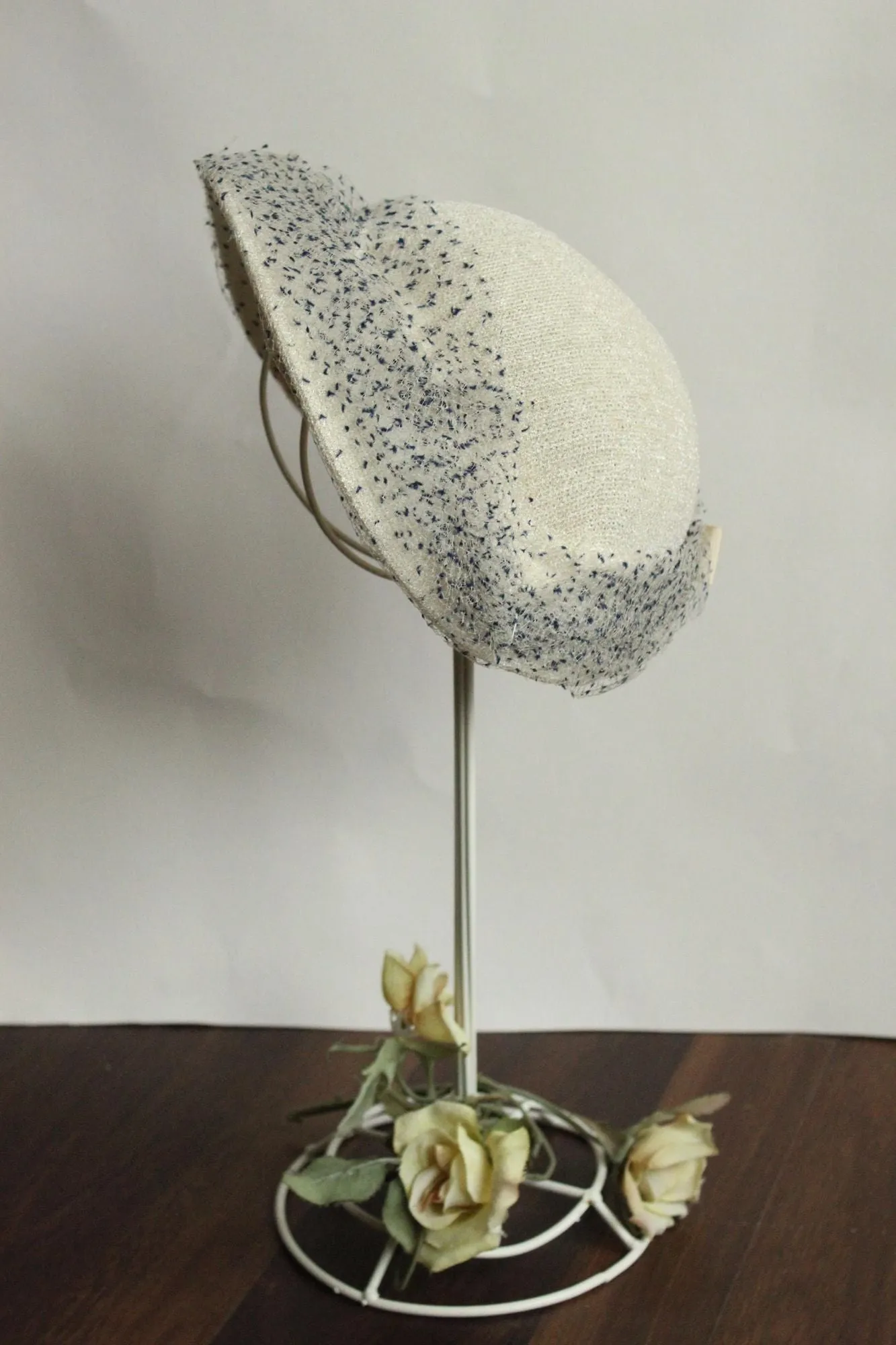 Vintage 1950s Hat,White with Blue Birdcage Veil and Ribbon Bow, Millinery