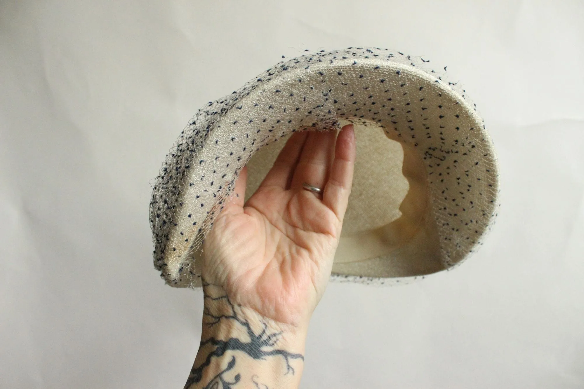 Vintage 1950s Hat,White with Blue Birdcage Veil and Ribbon Bow, Millinery