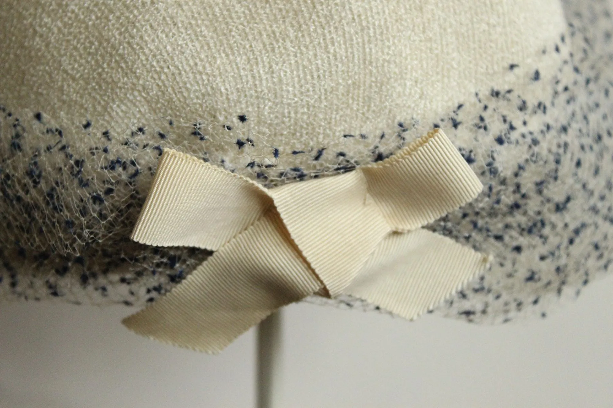 Vintage 1950s Hat,White with Blue Birdcage Veil and Ribbon Bow, Millinery