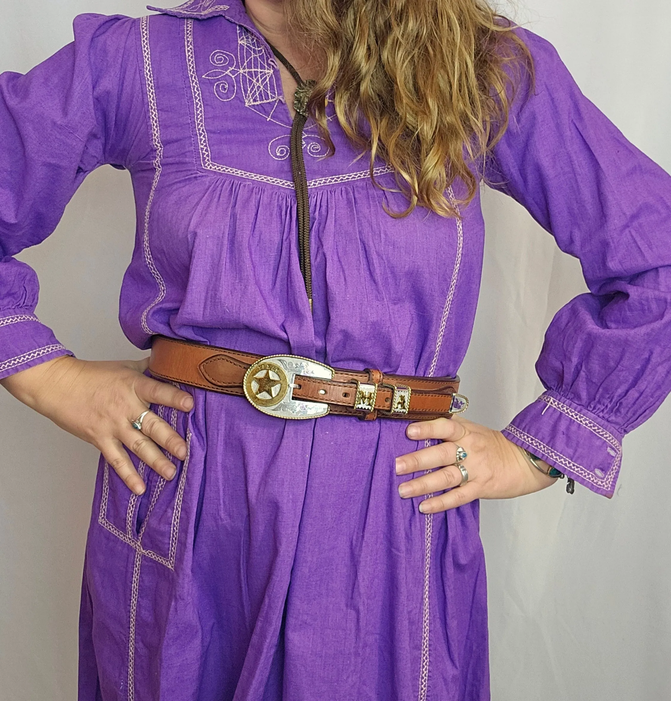 Vintage R.P. Megar Texas Western Belt – Leather Silver & Gold Details (Size 34)