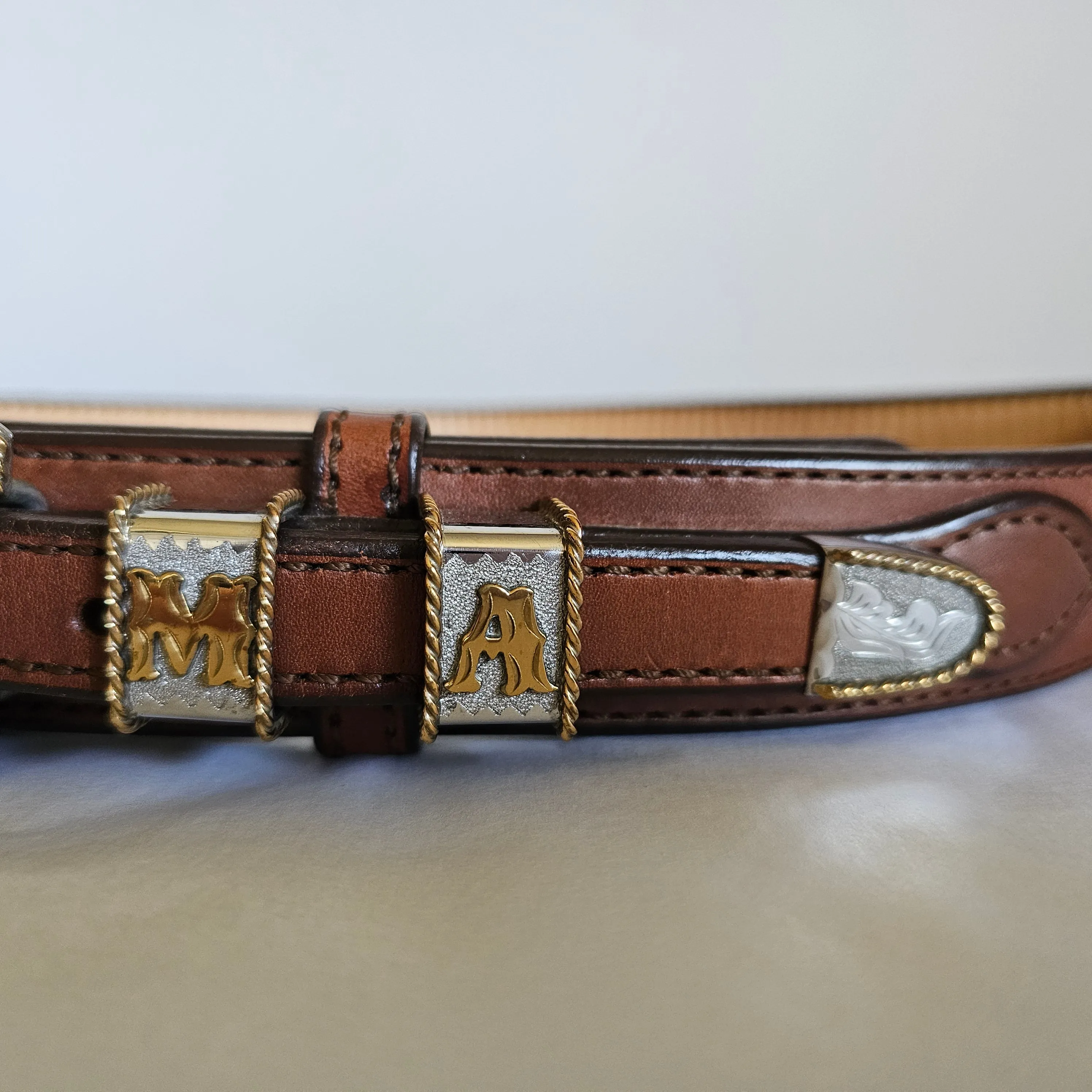 Vintage R.P. Megar Texas Western Belt – Leather Silver & Gold Details (Size 34)