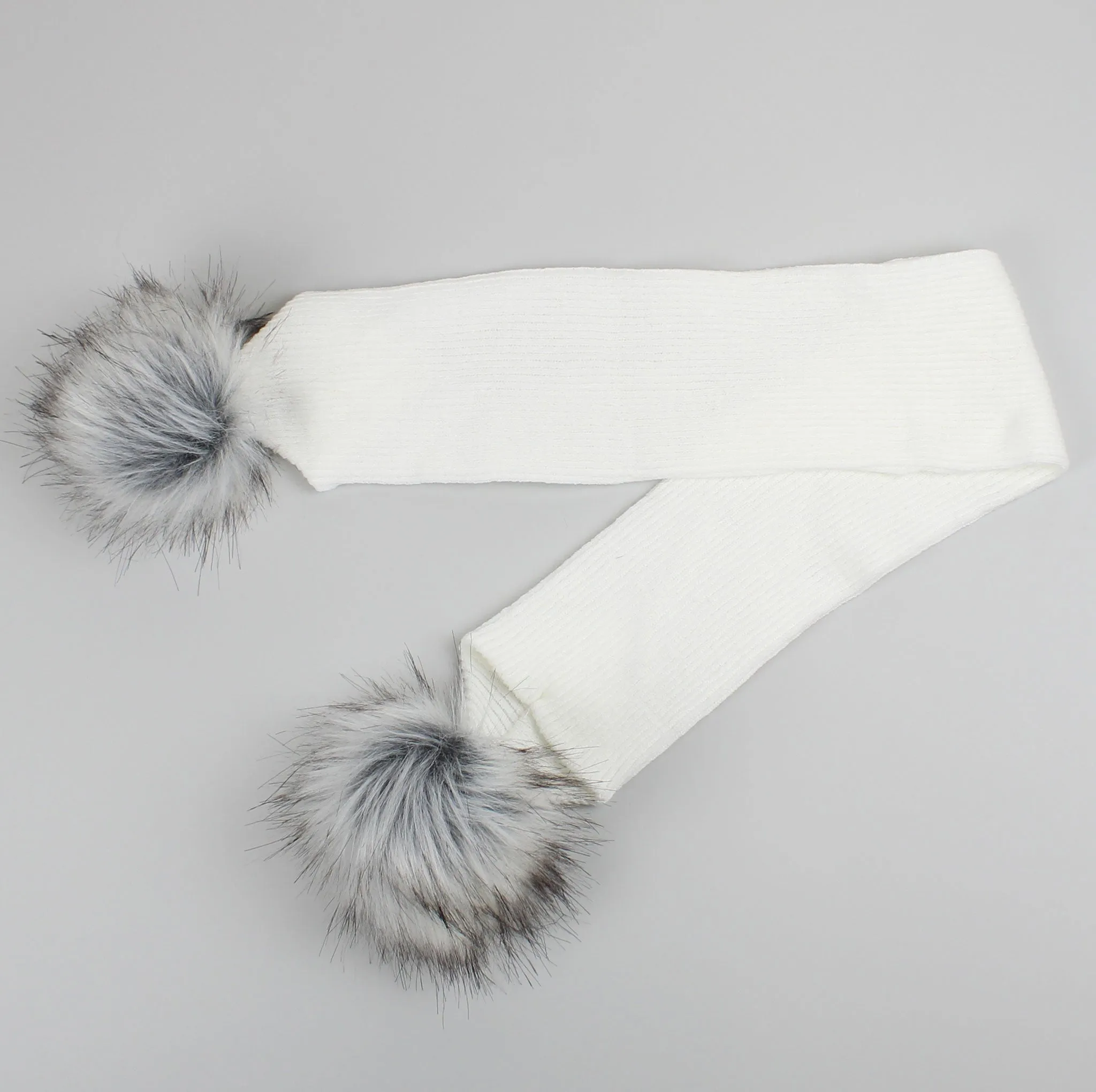 White Baby Scarf with Faux Fur pom poms