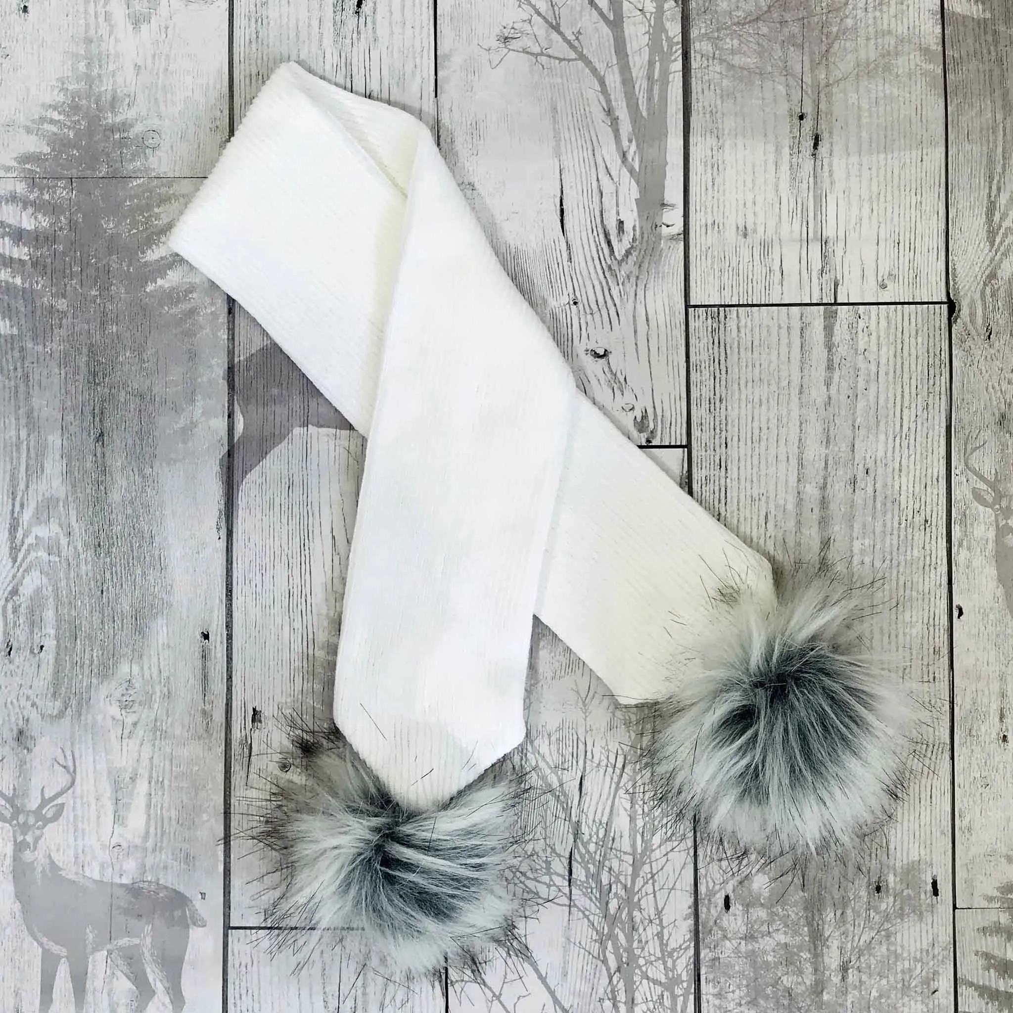 White Baby Scarf with Faux Fur pom poms