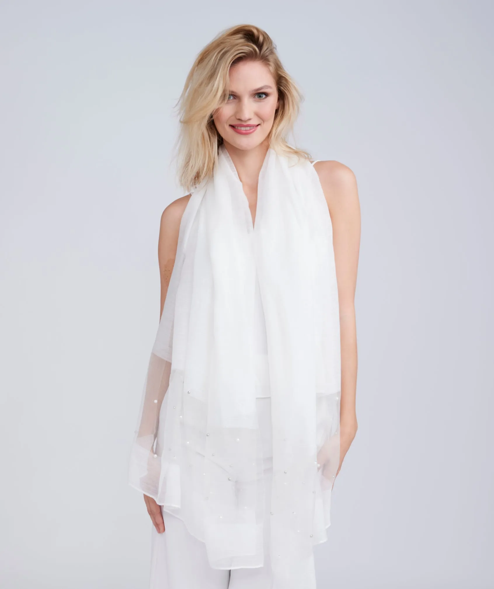 White Embellished Pearl Studded Occasion Scarf