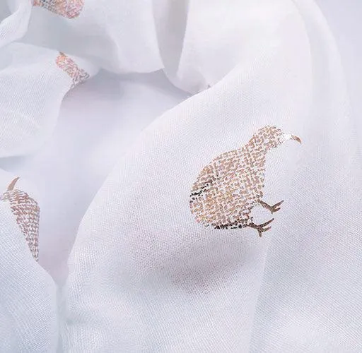 White NZ Scarf with Sparkly Rose Gold Kiwi