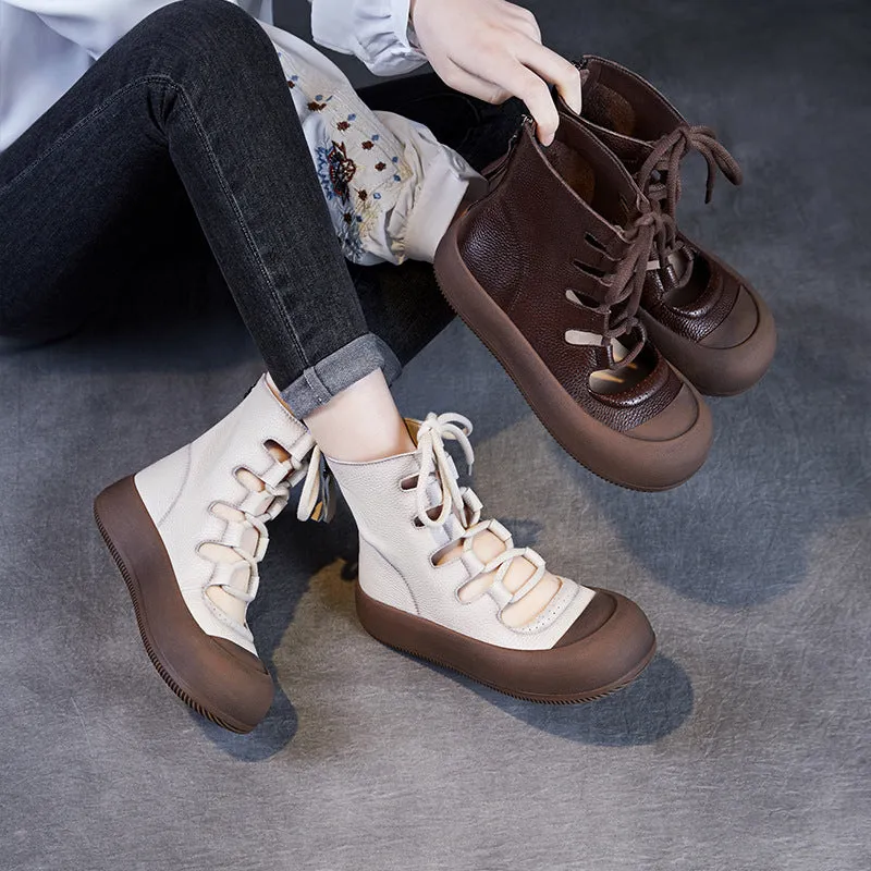 Women Retro Breathable Hollow Leather Lace-Up Short Boots