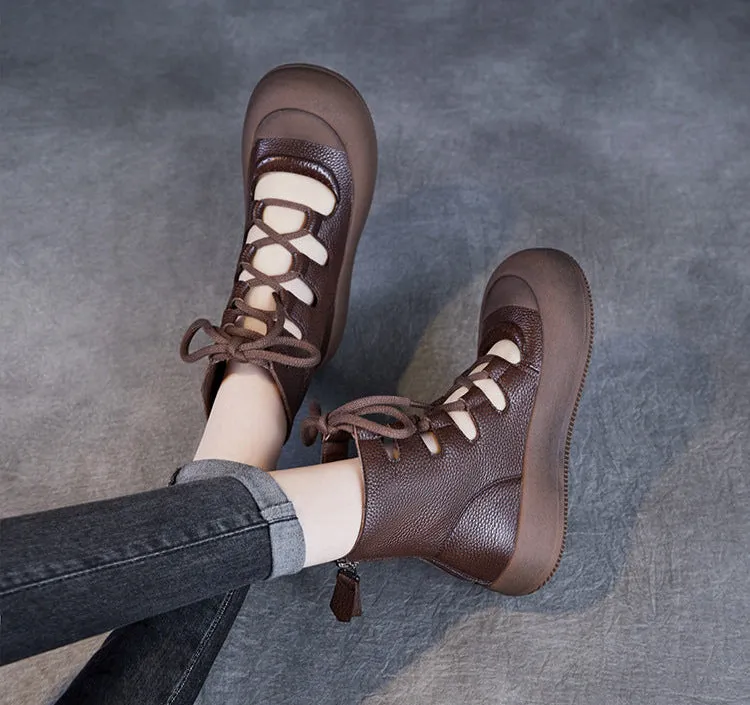 Women Retro Breathable Hollow Leather Lace-Up Short Boots
