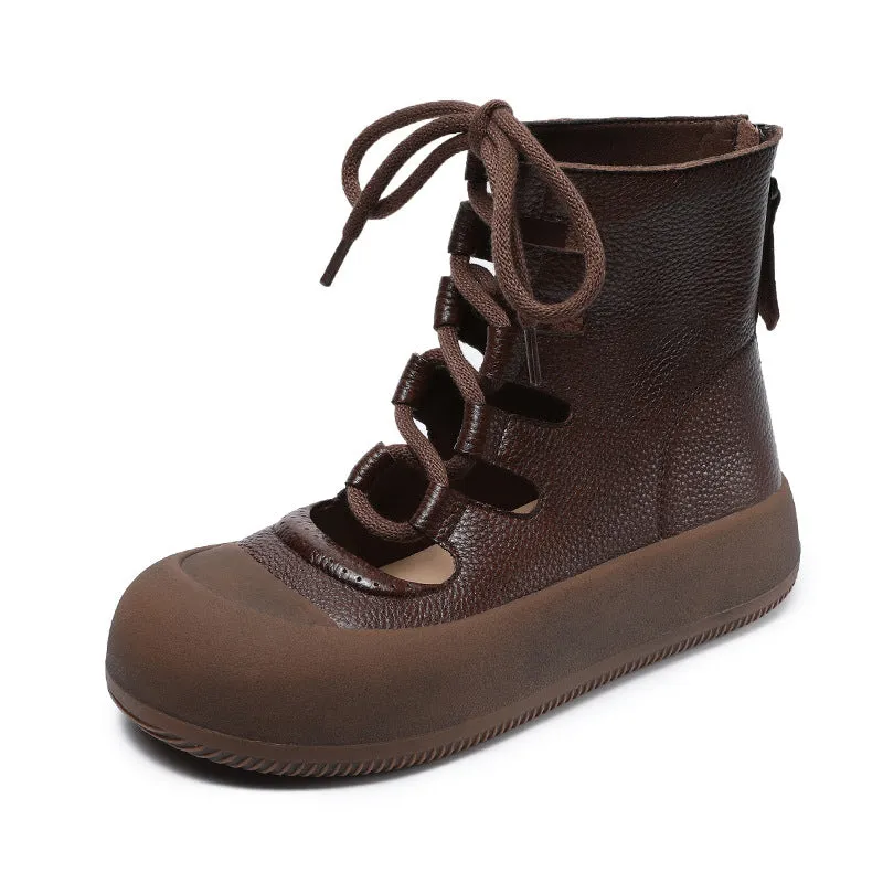 Women Retro Breathable Hollow Leather Lace-Up Short Boots