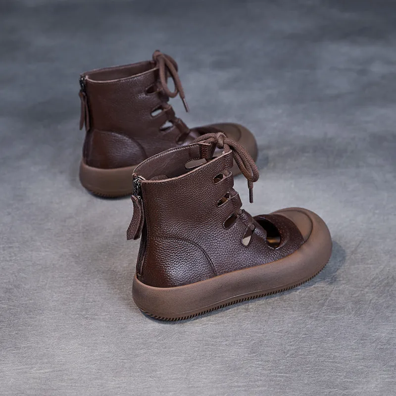 Women Retro Breathable Hollow Leather Lace-Up Short Boots