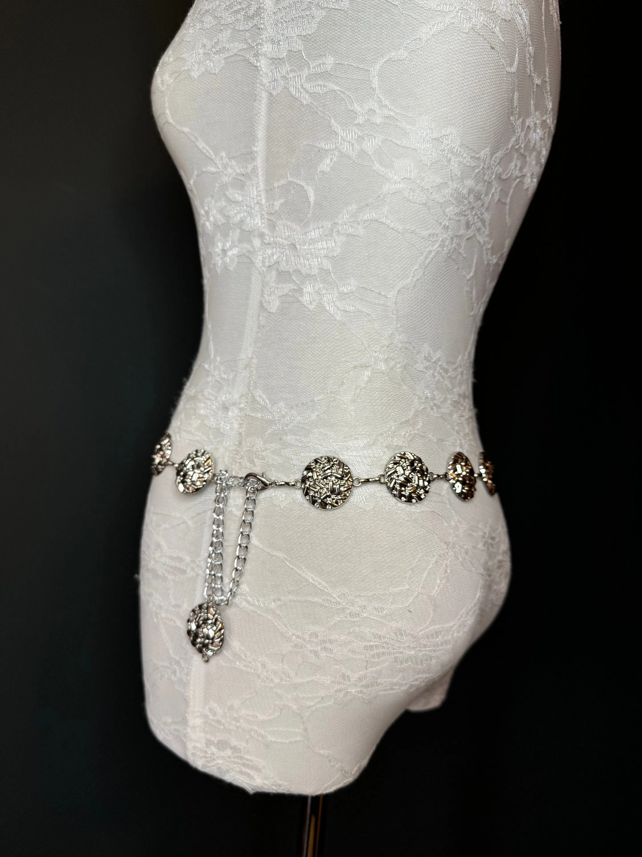 X-long Metal Disc Belt, Silver Hammered Metal Belt, Teen Sizes, Size 18”-60”, Fan Design, Fan Collection, Fashion Accessory, Gift, Elegant