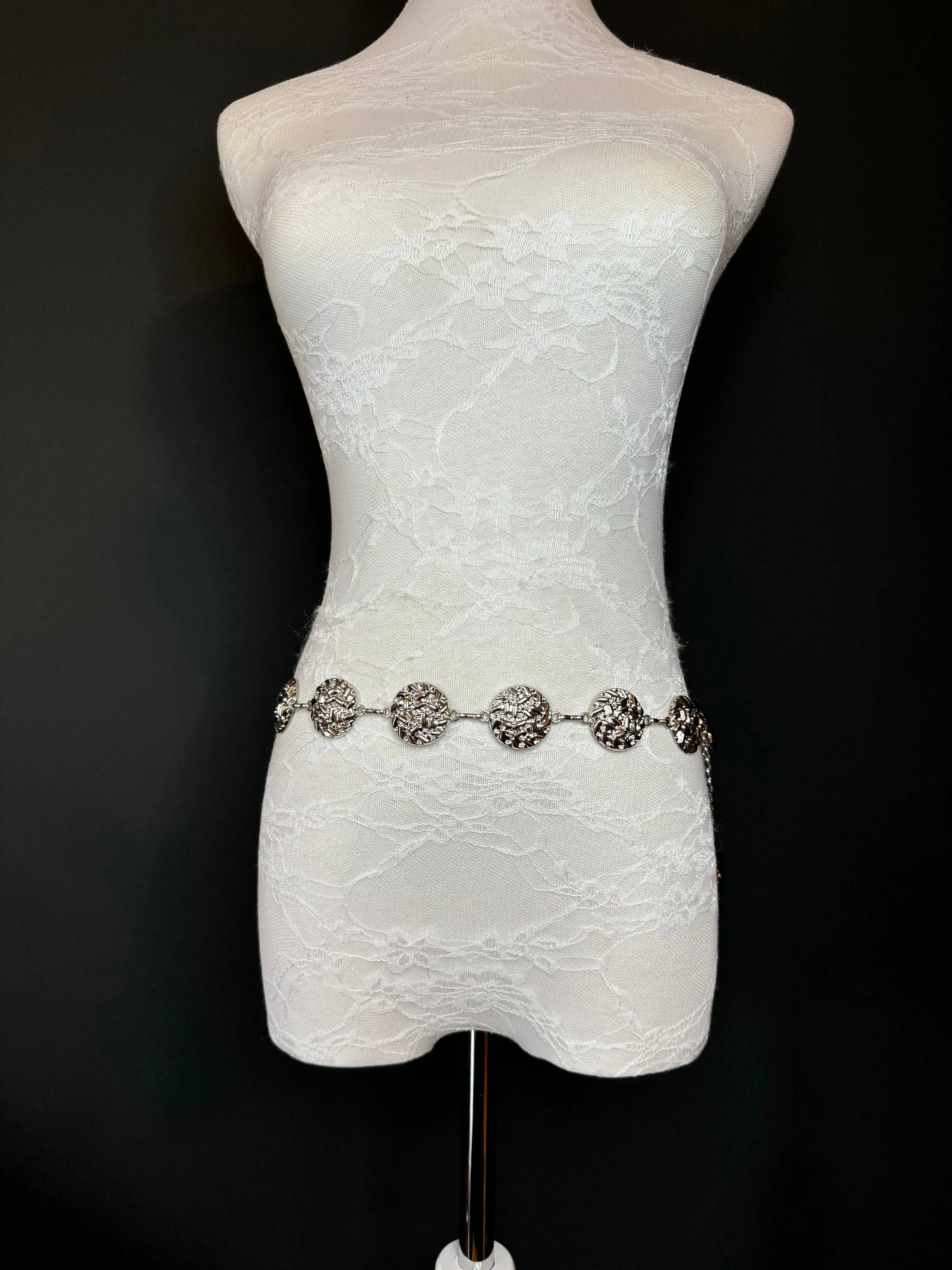 X-long Metal Disc Belt, Silver Hammered Metal Belt, Teen Sizes, Size 18”-60”, Fan Design, Fan Collection, Fashion Accessory, Gift, Elegant