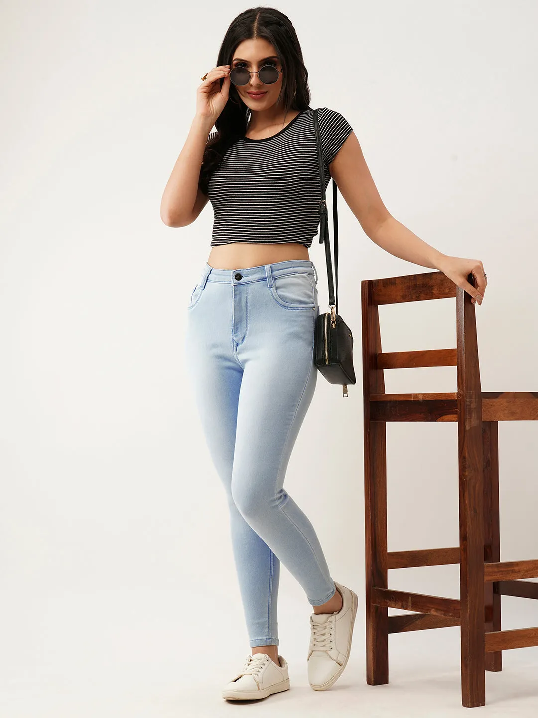 ZOLA Exclusive Ankle Length Denim High Waist Stretchable IceBlue Pencil Fit Jeans For Women